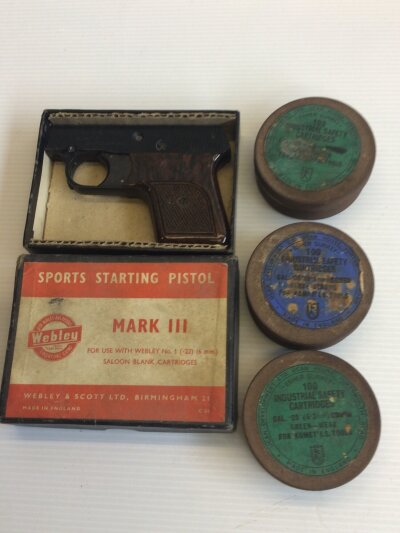 A Sports Mark III Starting Pistol Made by Webley & Scott and safety Cartridges.