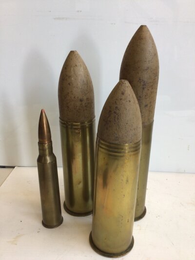Three Large field gun inert shell cases maximum height 41cm
