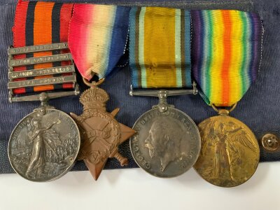 A WW1 Medal group 1914-18, Pte P. W Dowden, 16th London Regiment, 30418. To include South Africa medal with 4 state bars. With British Leigion medal wallet.