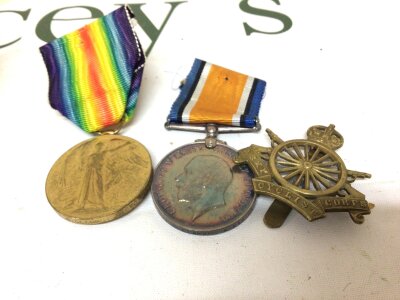 Two I world war Medals awarded to 22850 PTE  D Clarke A CYC. CORPS. With an Army Cyclist Corps badge