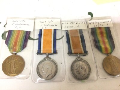 Four I world war medals awarded to  recipient's 1461 Spr J Fordham RE (two medals) and 1696 Pte C White Essex R. (two medals) (4)