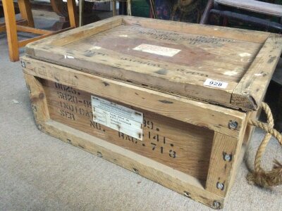 A 50 cal Browning machine gun ammo box and inert rounds and cases, no reserve