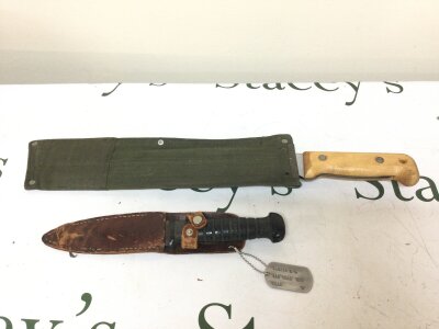 A WW2 US Navy knife, dog tag and a Ralph Martindale British Army issue Golok machete