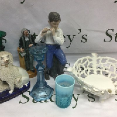 A collection of Victorian and later glassware and ceramics including a Copenhagen figure of a boy playing a flute, a Royal Doulton 'The Lawyer' figure and others. Shipping category D.