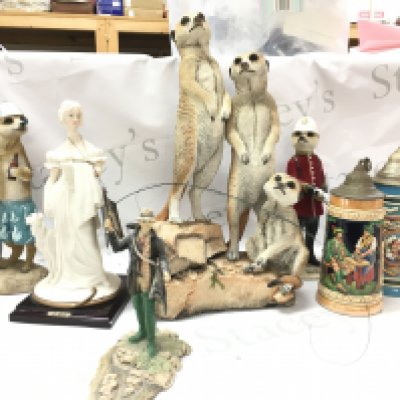 Meerkat Country Artists resin figures, Bruno Merli figure, german porcelain tankards. This lot cannot be posted
