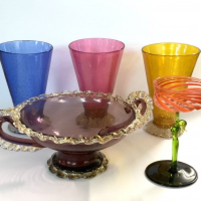 3 Italian Murano glass beakers, a small Italian 2 handled bowl, small Italian liquor glass the stem in the form of a nude woman. (D)