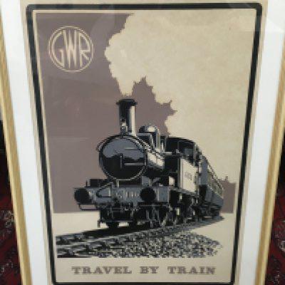 A framed vintage GWR Station room poster signed Don Breckon, Travel by Train. Frame Dimensions 59x84cm