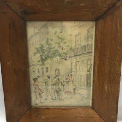 An interesting Georgian framed small watercolour street scene with figure showing tame bear to three figures. Frame dimensions 23x28cm This lot cannot be posted
