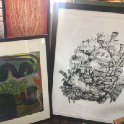 Two framed art works including an abstract painting and a large Howls moving castle anime print. Dimensions 65x106cm and 102x135cm This lot cannot be posted- NO RESERVE