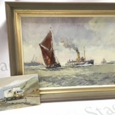 A framed Vic Ellis oil on canvas painting (frame dimensions 48x38cm approximately) and a small unframed Vic Ellis painting of a Leyland Scottish lorry (18x13cm). This lot cannot be posted