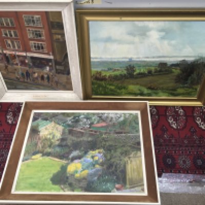 Three framed Jean Kevan (1916-2006) oil on canvas paintings including a street view of a Wimpy Bar in Aldgate East London 1970s, view of the Thames Estuary from Benfleet and a garden scene. Frame size dimensions 72x56cm & 52x61cm