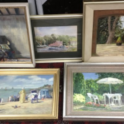Four framed Jean Kevan (1916-2006) oil paintings and a Watercolour . My Favourite Corner Jeans Garden in Leigh-on-Sea, Imagined day on the beach at Westcliff-on-Sea in the 1880s Etc.