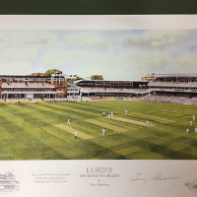 A collection of limited edition Railway prints signed in pencil framed cigarette cards Essex Cricket Captains A signed Print Lords Cricket ground by Terry Harrison 404/500 and other prints.