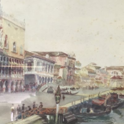 A framed watercolour Venetian scene. With marred gondola and buildings beyound
