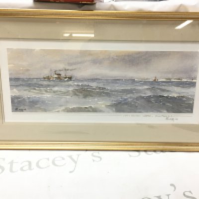 A Framed watercolour signed M Lang 04 titled Dirty British Coaster John Magefield . Dimensions 67x36cm