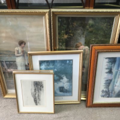 a collection of framed pictures including Marcus stone sketches . This lot cannot be posted