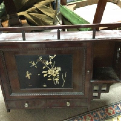 An oriental style wall cabinet with mother of pearl inlay 75cm wide 66cm tall approximately