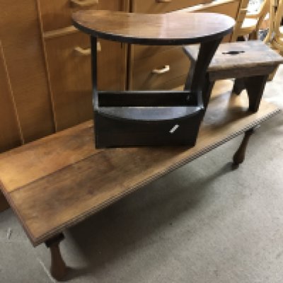 A walnut coffee table 120cm wide 38cm tall, small side table and a stool