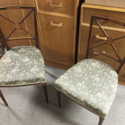 Two floral upholstered Edwardian chairs and a mahogany snap top tripod table