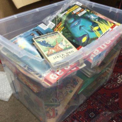 A large collection of vintage childrens books and magazines including Noddy, Enid Blyton, Slot machines on parade, StarBlazer, 2000 AD, little black sambo animated by Helen bannerman.