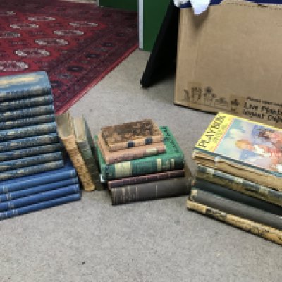 A collection of books including the works of Shakespeare volumes by George Newnes, Thornton Wilder books The Bridge of San Luis Rey, The Woman of Andros, The Cabala, The Angel that troubled the waters, Oxford book of English verse 1250-1900 Arthur Quiller Couch 1926, Poetical works of Abraham Crowley vol 1 1784, The Canterbury poets 1890, poetical works of Henry Wadsworth Longfellow 1880, Lays of Ancient Rome 1850, poetical works of Sir Walter Scott, Playbox annuals. Postage cat C- NO RESERVE