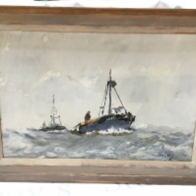 A framed Vic Ellis oil on canvas painting of a steam boat.