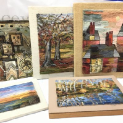 Five Miriam Sacks (1922-2004) unframed small tapestries . Dimensions ranging from 21.5x18cm and 33x35cm. Postage category C