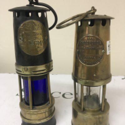 A Bristol Blue glass miners lamp with applied makers label numbered 324 and one other Miners lamp Eccles of Manchester (2)- NO RESERVE