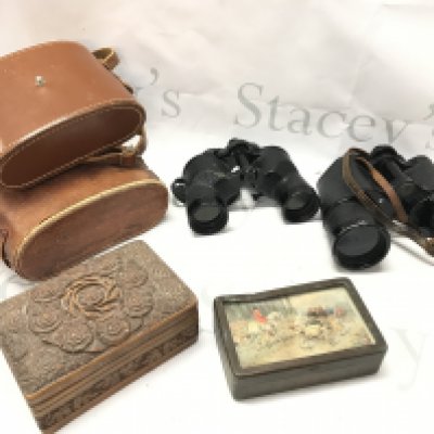 Vintage cased binoculars Aurora 12x50, Scope 9x35, dominos pieces ,wooden trinket box . Postage category C- NO RESERVE