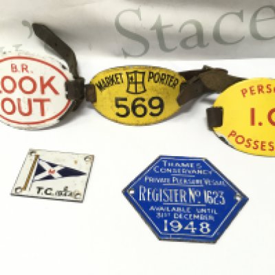 Look-Out enamel Armband complete with leather strap, Market Porter enamel Armband , railway person in charge band, Thames Conservancy boat plate Etc. Postage category B