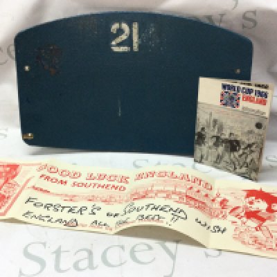 A Wembley stadium seat back, 1966 ticket information, Southend WC Willie poster. Postage category C