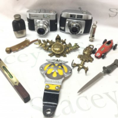 Two vintage cameras Voigtlander Vito B and a Baldessa I , AA badge, various collectables, ARP whistle, Edward VIII coat hook etc. postage category B