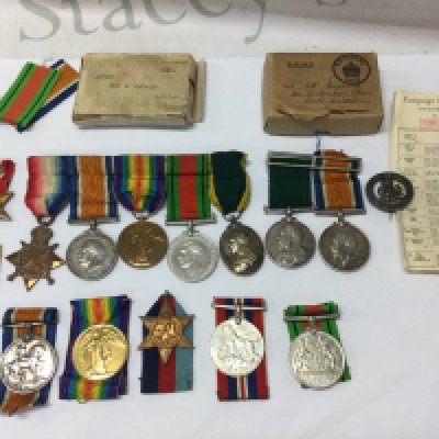 Three groups of WW1 & WW2 medals including WW2 defence and war medals , an Africa star with 1st Army bar, Italy Star, 1939-45 star, WW1 war medal presented to 157138 PTE.A.MAYNARD.K.R.R.C and victory medal presented to Maynard, a group of medals presented to 1419 PTE. E.S.G. GALE. ESSEX R including a WW1 war medal, WW1 defence medal , WW1 victory medal, Territorial Force Efficiency medal, 1914-15 star. Long service in the volunteer force presented to 6543 Pte S.C.E.GALE 16th midd x V.R.C , War medal 362 PTE. S. GALE. RIF.BRIG. Postage category B
