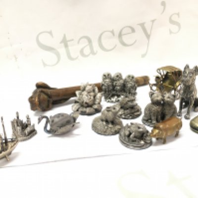A collection of silver filled animal figures and a wooden carved frog walking stick end . Postage category B