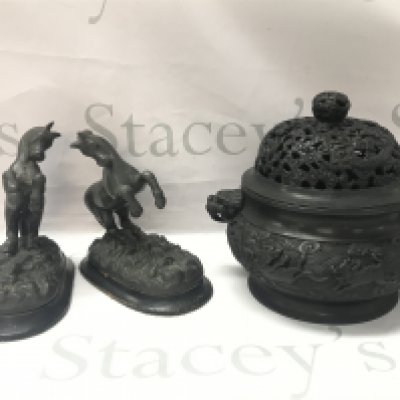 A Chinese bronze censor with dragon/animal design (21cm tall) and a six character mark at the base and a pair of bronze rearing horse figures (17cm tall). Postage catC