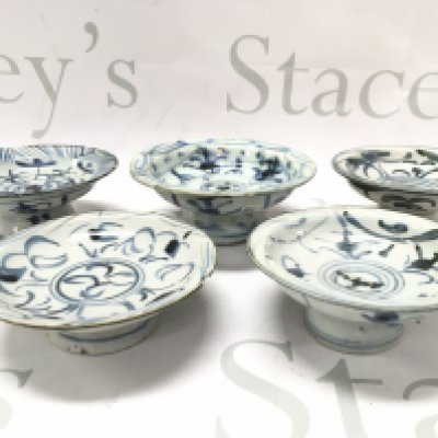 Five Chinese Ming stem bowls , hairline cracks and chips. approximately 2 inches high 4 inches wide. This lot cannot be posted- NO RESERVE