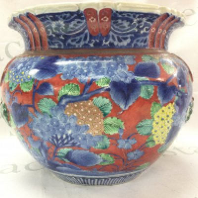 A floral jardiniere 23cm tall (hairline cracks, damage and restoration) and figures . This lot cannot be posted