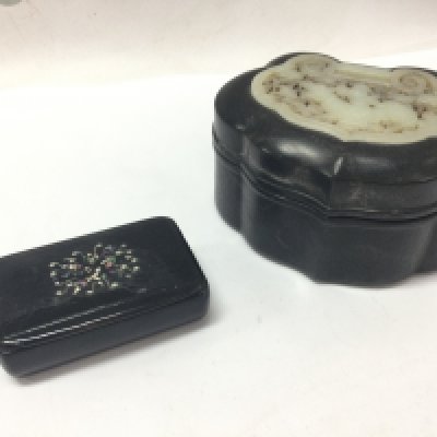 A Chinese ebony wood jade inset trinket box and a paper mache snuff box with two small stamp seals