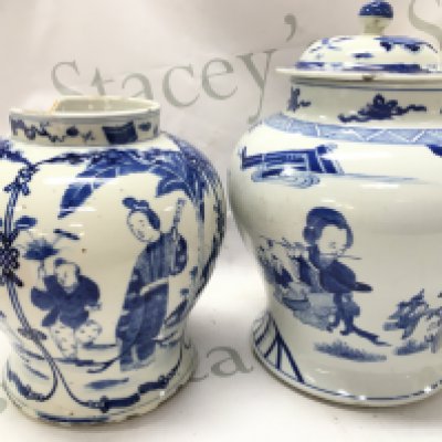 Two porcelain Chinese blue and and white vases decorated with scenes, damage as seen. 27cm tall. This lot cannot be posted
