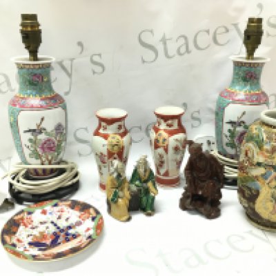 A Satsuma vase, Chinese figures, Kutani vases, Chinese late republic vases converted to lamps. This lot cannot be posted