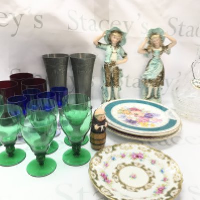 A collection of coloured glass including red, blue and Green cups, late 19th century pewter German pair of vases , Royal Horticultural Chelsea flower show porcelain plates, cut glass brandy decanter, Royal Worcester Queen figure. This lot cannot be posted- NO RESERVE