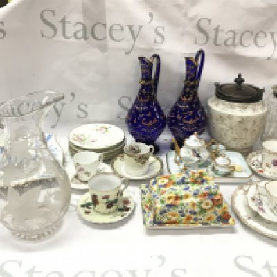 A collection of ceramics including Meissen second condition plate, cup and saucer, 19th century Wedgewood plate , cup and saucer, Damask biscuit barrel , blue glass Victorian enamel decorated jugs, James Kent marigold. This lot cannot be posted.- NO RESERVE