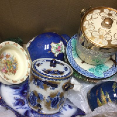 Two boxes of ceramics including blue and white plates, a Carltonware ginger jar and cover, biscuit barrels etc.- NO RESERVE