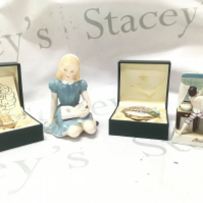 Royal Doulton Alice figure ,two limited edition TKS enamel boxes and a Reproduction Fairing Modesty figure group. This lot cannot be posted