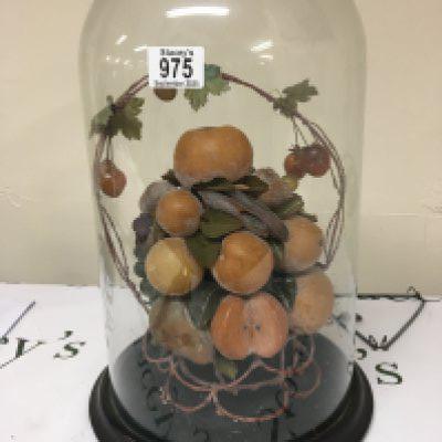 A glass dome enclosing a display of fruit. No damage to the glass dome height 45cm
