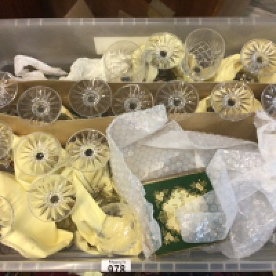 Two boxes containing cut glass wine and drinking glasses. No Reserve