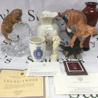 A small collection of china and glassware including two Franklin Mint figures of big cats, vases etc. Shipping category D.