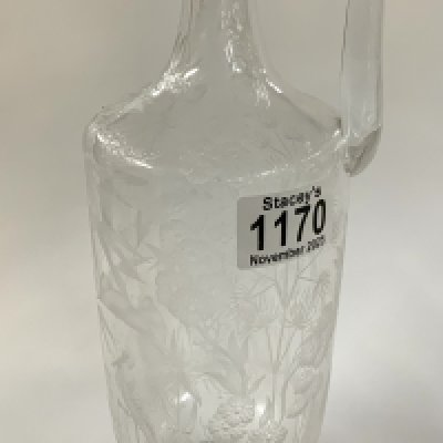 A fine etched glass decanter with views of storks amongst reeds, 28cm (no stopper)
