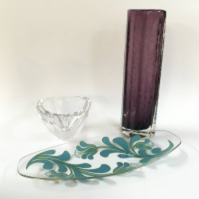 A white friar vase, an oval dish and a 1960s glass dish.