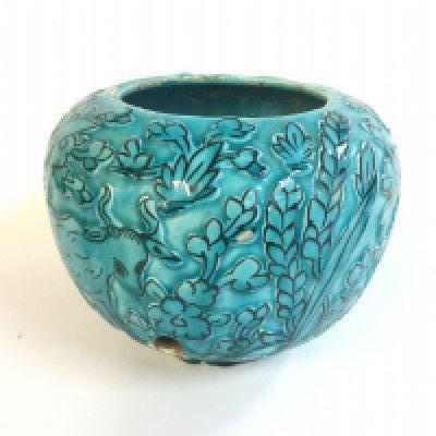 A large continental turquoise glazed pottery bowl with incised decorated , 17cm tall. no reserve